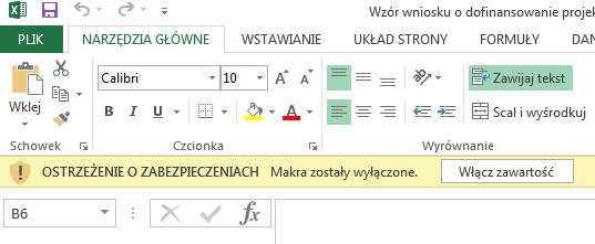 Po otworzeniu pliku w górnej części ekranu może pojawić się ostrzeżenie o zabezpieczeniach wówczas należy zaznaczyć pole Włącz zawartość.