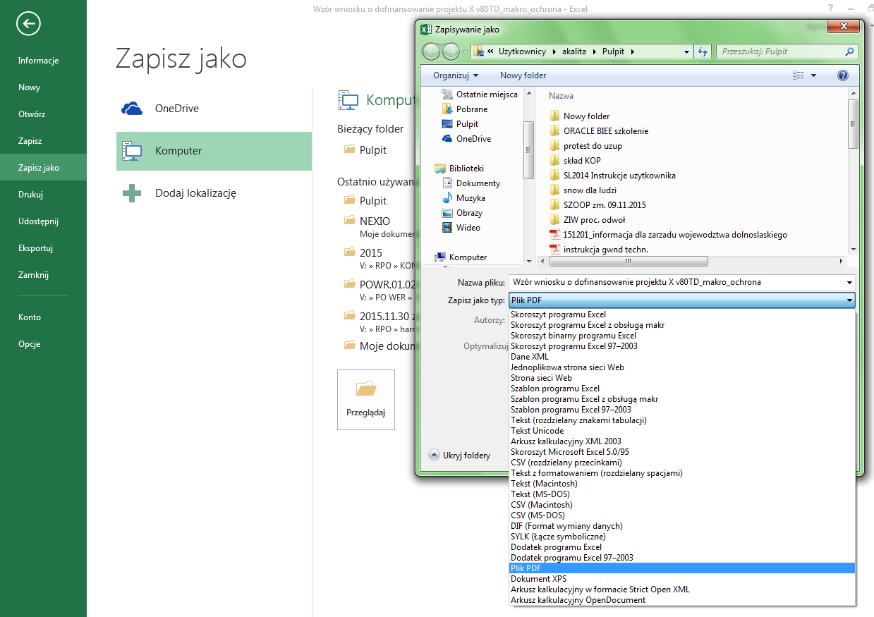 B. Zapisywanie jako PDF.