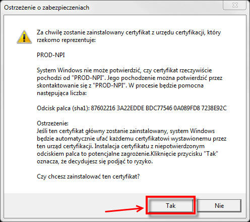Po zakończeniu pracy kreatora wyświetlone zostanie okno ostrzeżeń o zabezpieczeniach systemu operacyjnego Windows.
