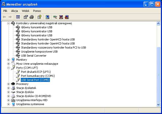 Numer wirtualnego portu szeregowego COM naleŝy ustalić za pomocą MenedŜera urządzeń, poprzez rozwinięcie pozycji Porty (COM i