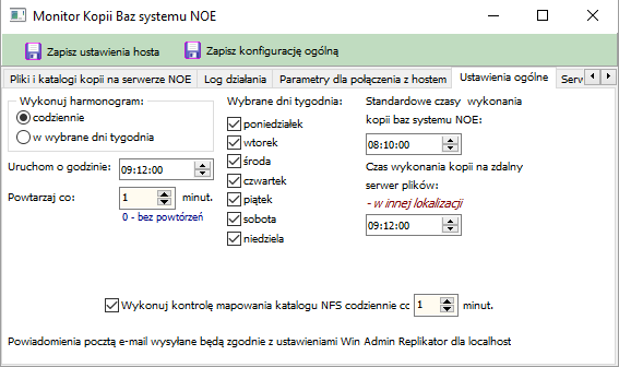 System dokona kontroli mapowania katalogu NFS na serwerze łącząc się protokołem FTP/SSH i zmieniając katalog na podany w zakładce Pliki i katalogi kopii na serwerze NOE -> Struktura kopii NFS w polu