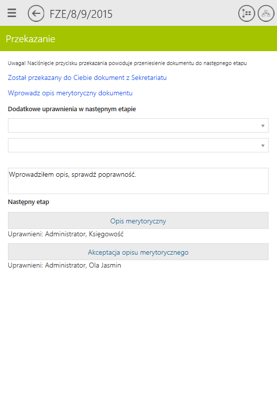 Rys. 86 Sekcja przekazania dokument w aplikacji NOD WEB Rys.