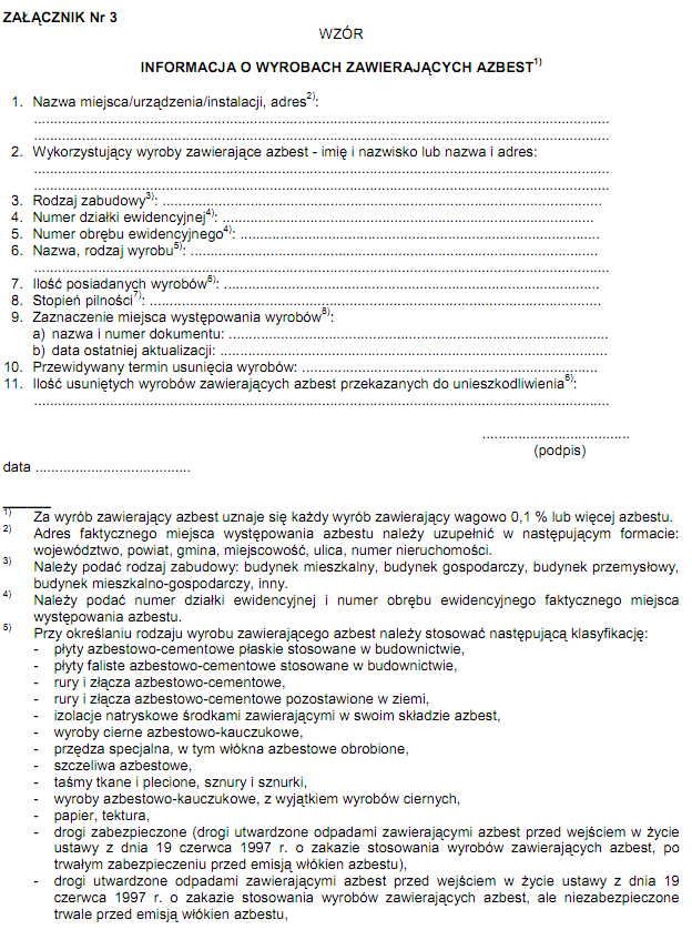 Załącznik 1: Karta informacji o wyrobach zawierających azbest.