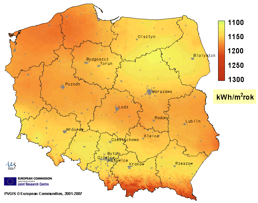Nasłonecznienie kwh/m 2 rok Polska : 1000 1100 kwh/m 2 rok (80% w okresie