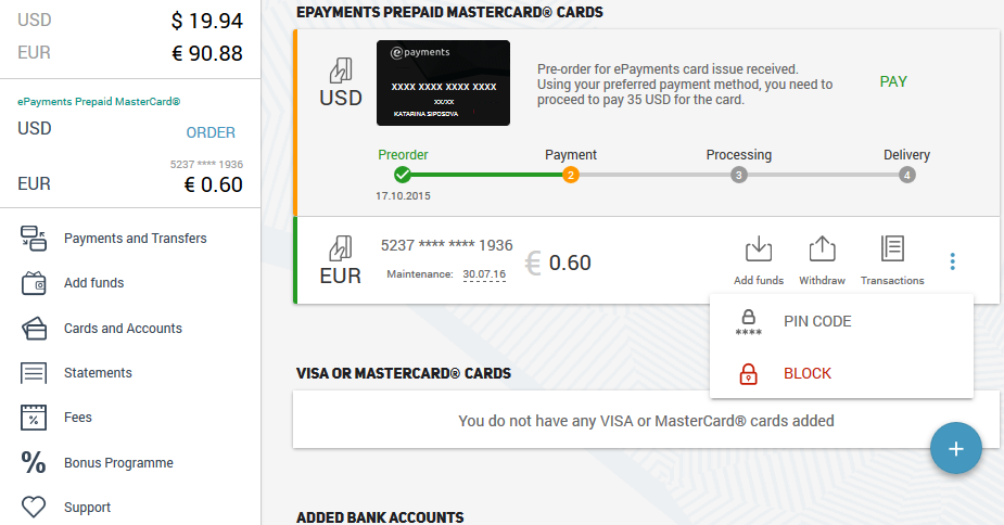 USD $19.94 EUR 90.88 epłatności Przedpłata MasterCard USD ZAMÓW EUR 5237****1936 0.