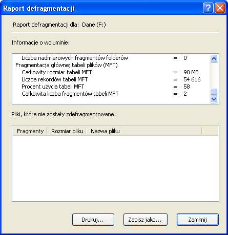 Bieżącą wielkość pliku MFT oraz stopień jego sfragmentowania możemy podejrzeć bezpośrednio w Windows