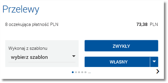 o liczbę oczekujących płatności dla waluty, o łączną kwotę płatności dla waluty, o [ZWYKŁY] - przycisk do zlecenia nowego przelewu zwykłego bezpośrednio z pulpitu wraz z możliwością zlecenia innego