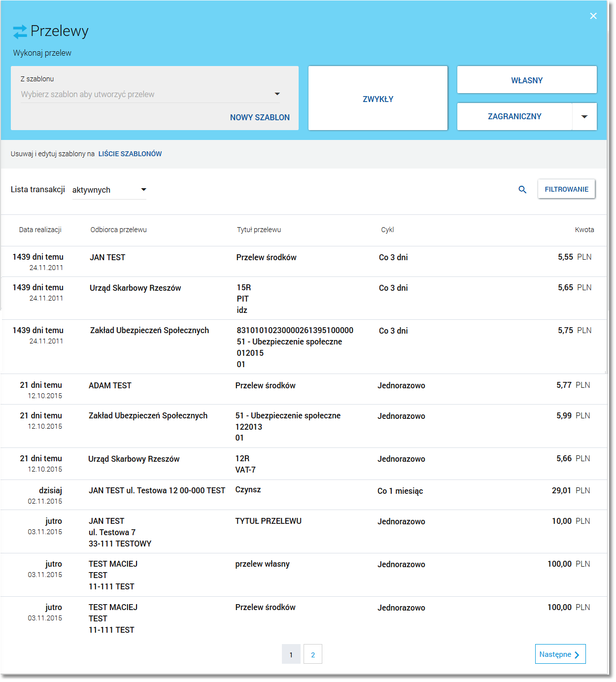 Na liście przelewów, dla każdego przelewu dostępne są następujące informacje: Data realizacji - data realizacji przelewu, Odbiorca przelewu - dane odbiorcy przelewu, Tytuł przelewu, Cykl - informacja