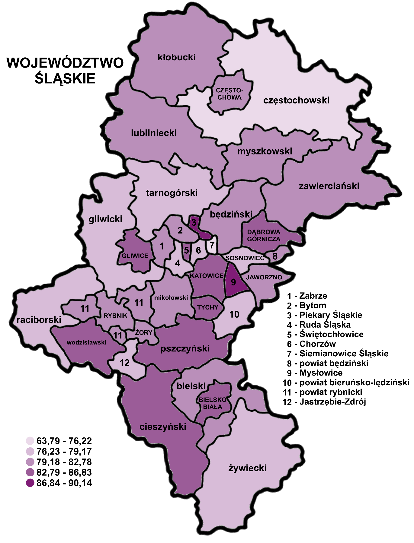 2.3. Zdawalność egzaminu maturalnego 2012 w województwie śląskim (świadectwa dojrzałości) Mapa 1.