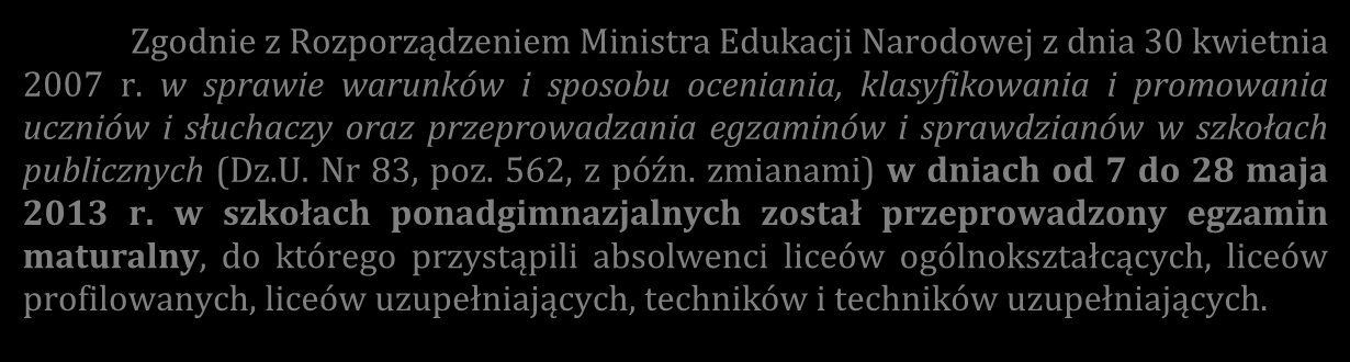 Wstęp 1. Informacje o zdających egzamin w maju 2013 r. WSTĘP Zgodnie z Rozporządzeniem Ministra Edukacji Narodowej z dnia 30 kwietnia 2007 r.