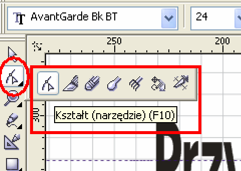 Narzędzie kształt (Shape) modyfikacja, łącznie ze zmianą kolejności liter wewnątrz obiektu tekstu