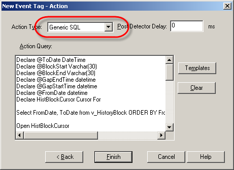 Action Type: Generic SQL Action Query: Use Runtime Declare @GapStartTime DateTime Declare @GapEndTime DateTime Declare @FromDate DateTime Declare @ToDate DateTime Declare @BlockStart Varchar(30)