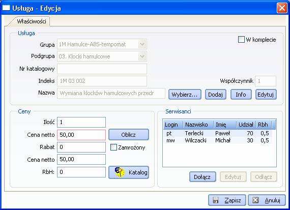 (Edytuj). Zarówno w przypadku towarów, jak i usług, moŝna przypisać określony udział procentowy poszczególnym pracownikom. W tym celu wybieramy przycisk Dołącz w obszarze Serwisanci.