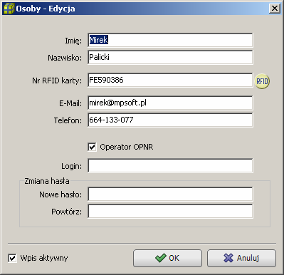 4. Tabele. 4.1. Tabela Osoby. 4.1.1. Dodanie i edycja osoby. Dane osób zarejestrowanych w programie edytuje się w oknie Osoby dostępnym po wybraniu w menu głównym opcji Tabele» Osoby.