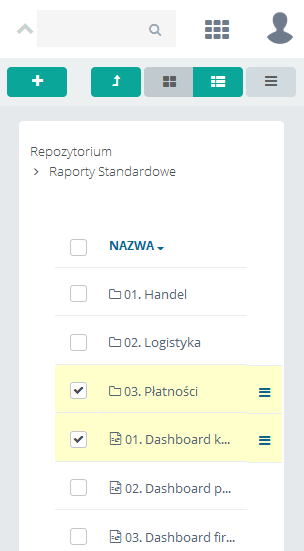 folderów w widoku kafelków odbywa się poprzez zaznaczenie kafelka w jego górnej belce, w przypadku widoku listy jest to check po lewej stronie.