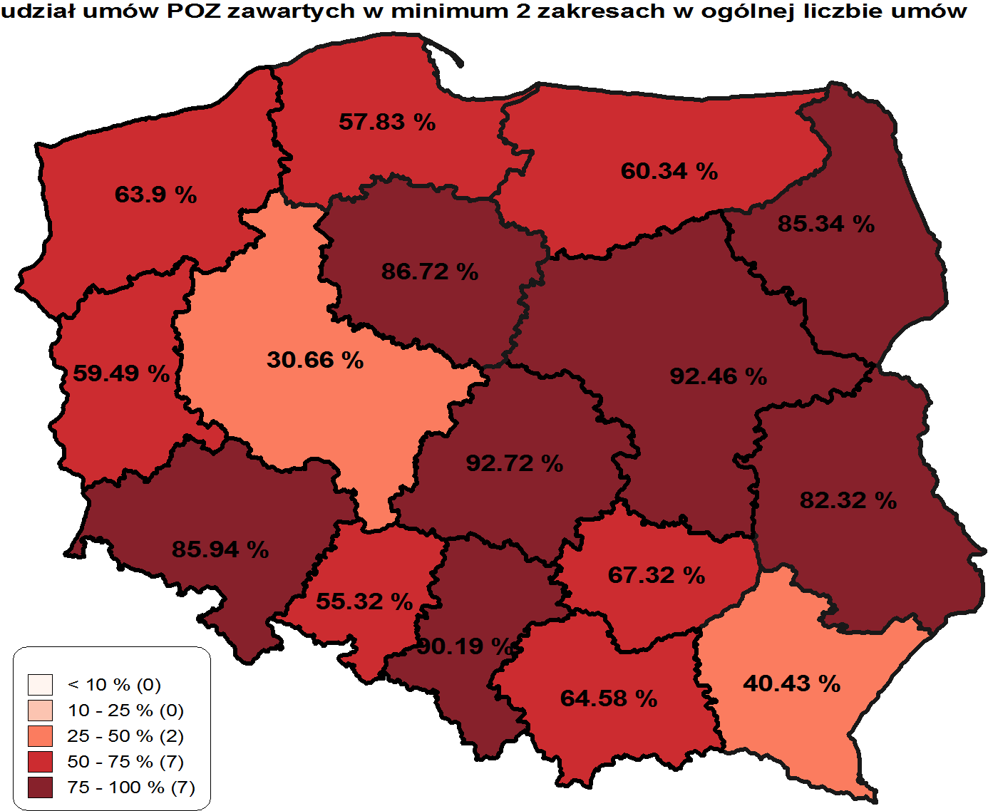 Ryc. 4. Udział umów zawartych w minimum 2 zakresach - w podziale na województwa.