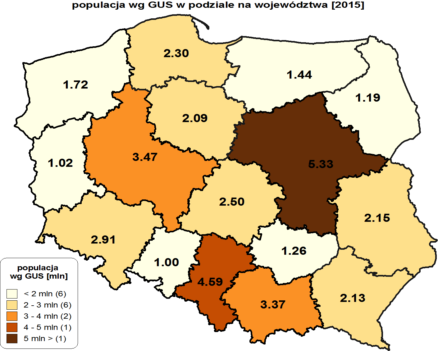 Ryc. 1. Populacja Polski w podziale na województwa w roku 2015. Struktura demograficzna jest ściśle powiązana z danymi dotyczącymi zasobów, mierzonych m.in.