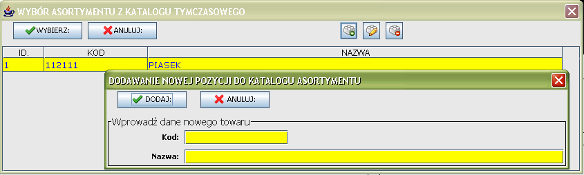 wprowadzamy dane asortymentu. Jest to nazwa towaru oraz jego kod, po którym będzie identyfikowany. Obydwie pozycje są obligatoryjne.