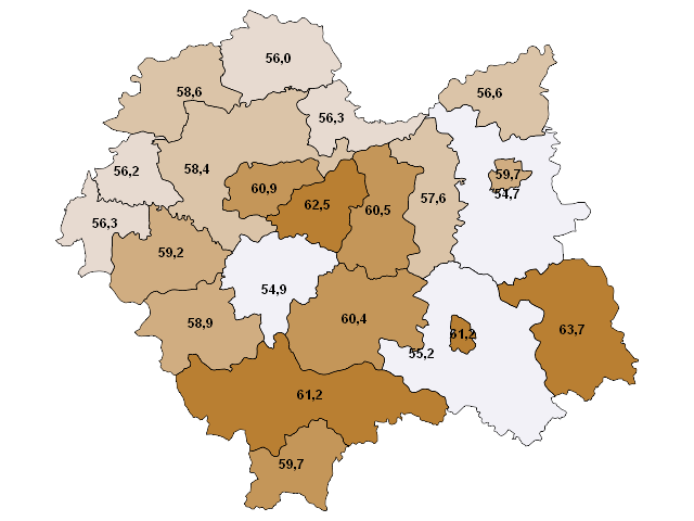 Średnie wyniki egzaminu maturalnego język polski - poziom podstawowy Miechowski Dąbrowski Olkuski Proszowicki Krakowski Chrzanowski Kraków