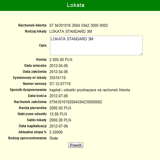 3.16.3. Zrywanie lokaty Z menu dostępnego po zalogowaniu do banku internetowego należy wybrać opcję. Następnie kliknąć dla lokaty, która mo zostać zerwana. Pojawi się formularz zerwania lokaty.