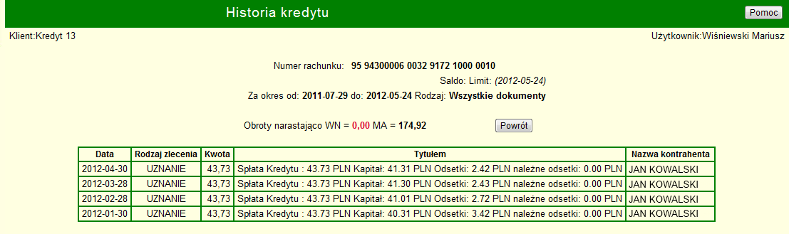 Dla każdego kredytu dostępne są opcje: Historia, Pokaż oraz Transze. Po kliknięciu opcji kredytowym.