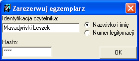 Rys. 3.5. Okno logowania czytelnika w programie SOWA_TCP Uzyskany po zalogowaniu dostęp do kont rezerwacji i zamówień pozwala czytelnikowi na skasowanie operacji.