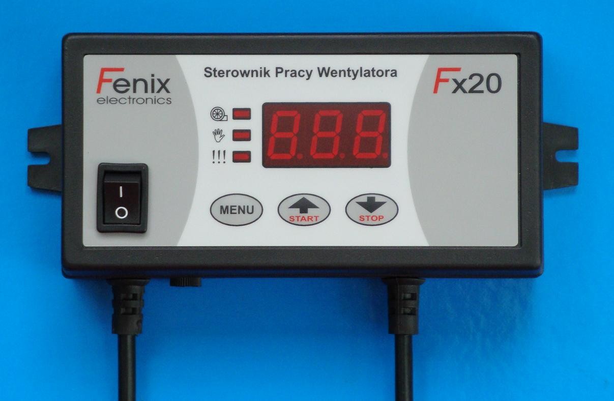 PRODUCENT URZĄDZEŃ ELEKTRONICZNYCH Sterownik Pracy Wentylatora Fx21 Płynna regulacja obrotów wentylatora. Miękki start wentylatora. Ustawiane progi min. i max. obrotów wentylatora. Duży cyfrowy wyświetlacz.