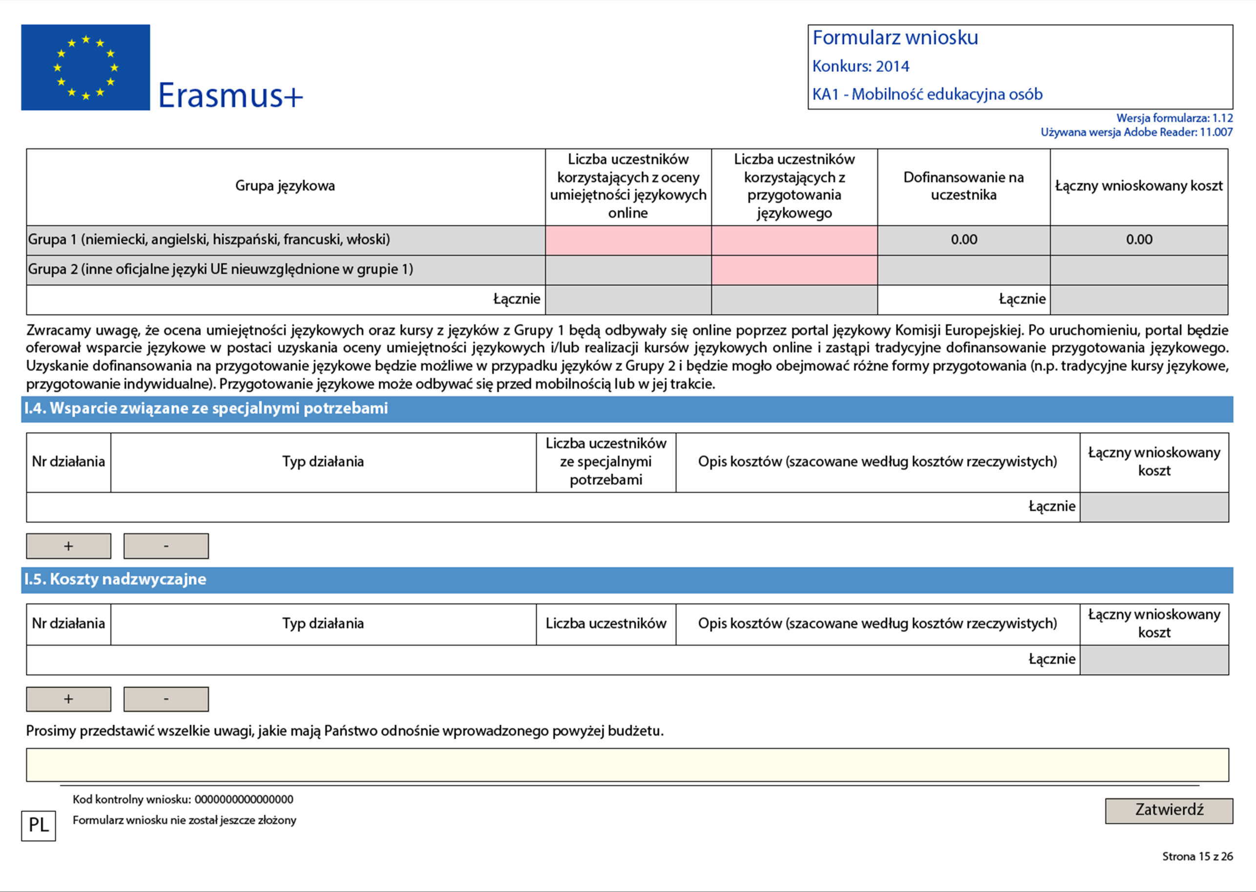 Jeśli występują opisz je. Po dodaniu pozycji wskaż numer działania, opis kosztu oraz jego wysokość.