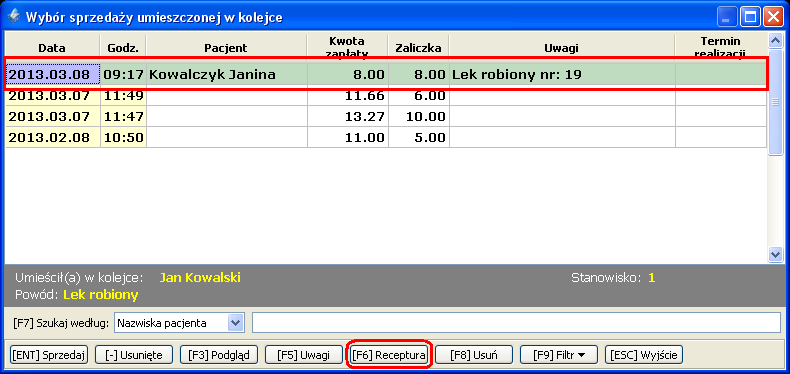 Sprzedaż leku robionego w programie aptecznym Poniżej przykładowy wydruk paragonu z zaliczką, który otrzymuje pacjent: Następnie farmaceuta (w dowolnej chwili) może przystąpić do złożenia leku