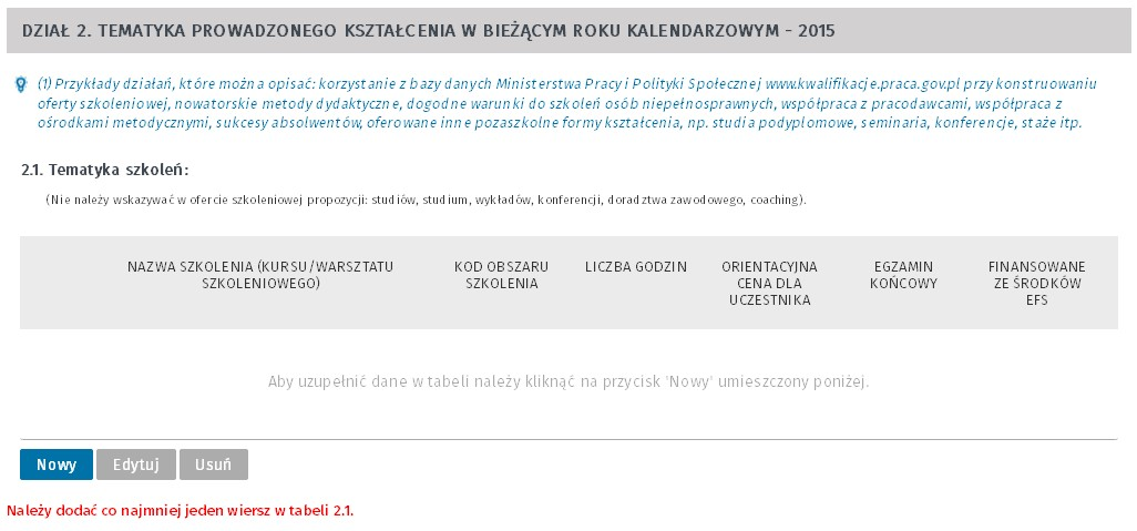 Dział 2 Tematyka prowadzonego kształcenia w bieżącym roku kalendarzowym W tej sekcji należy podać informacje o szkoleniach prowadzonych w siedzibie głównej oraz o przygotowaniu zawodowym