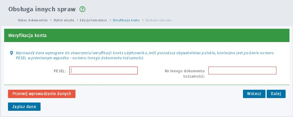 1.5 Wysłanie formularza/ przekazanie danych do urzędu Poprawnie wypełniony wniosek można wysłać do urzędu.