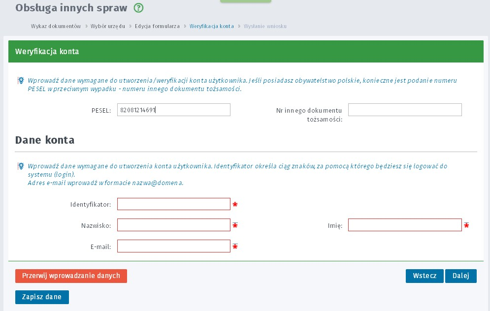 W tym celu należy podać numer PESEL lub numer innego dokumentu zgodnie z instrukcją.