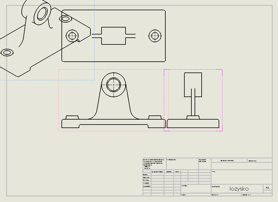 Zgłosi się dokument SolidWorks z wybranym arkuszem A3, z linią cięcia, linia obramowania i z częściowo wypełnioną tabelką.