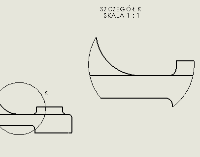 Rysunek 9. Gotowe Wyrwanie Szczegół Widok szczegółów Z zakładki Widok układu wybierzmy Widok szczegółów (kursor przyjmuje kształt ołówka z małym okręgiem). Narysujmy okrąg K, jak na rys.