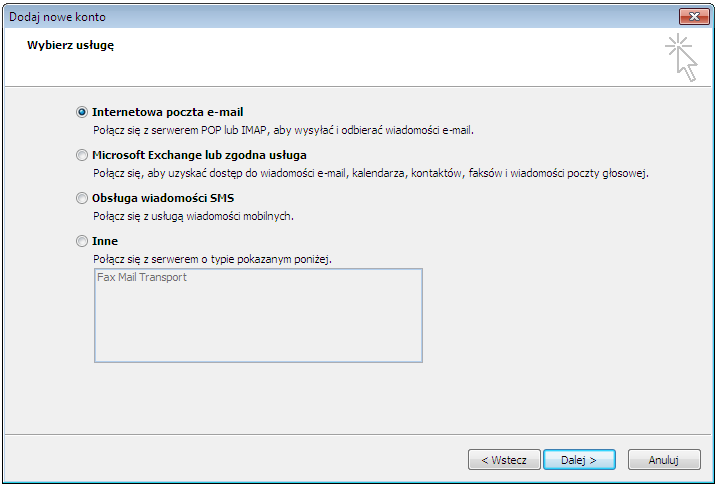 W kolejnym kroku, w okienku Dodaj nowe konto należy zaznaczyć opcję Internetowa poczta e-mail oraz kliknąć Dalej. 3.