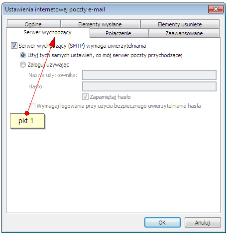 W kolejnym kroku przechodzimy do zakładki Serwer wychodzący (pkt 1), gdzie należy zaznaczyć opcję