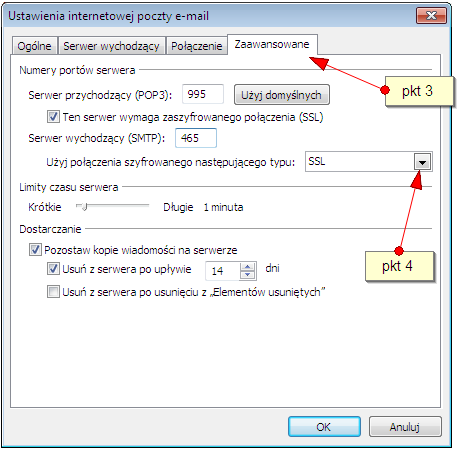 Aby wybrać konto POP3 klikamy Typ konta i z rozwijanej listy (pkt 1) wybieramy POP3, wtedy ustawienia konta są następujące.