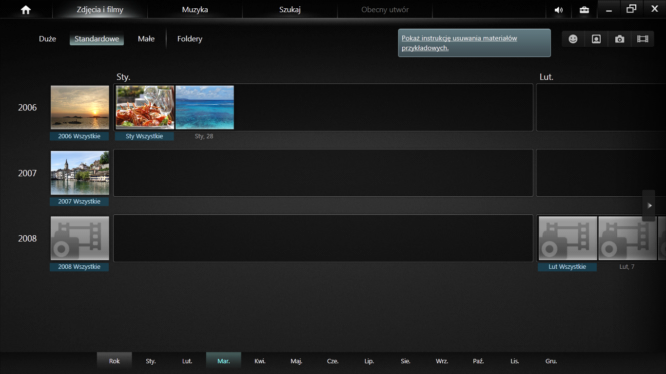 Wszystkie zdjęcia i fimy z folderów "Moje obrazy", "Moje wideo", "Moja muzyka" są widoczne w prostym widoku kalendarza. Zminiaj miesiąc po miesiącu.