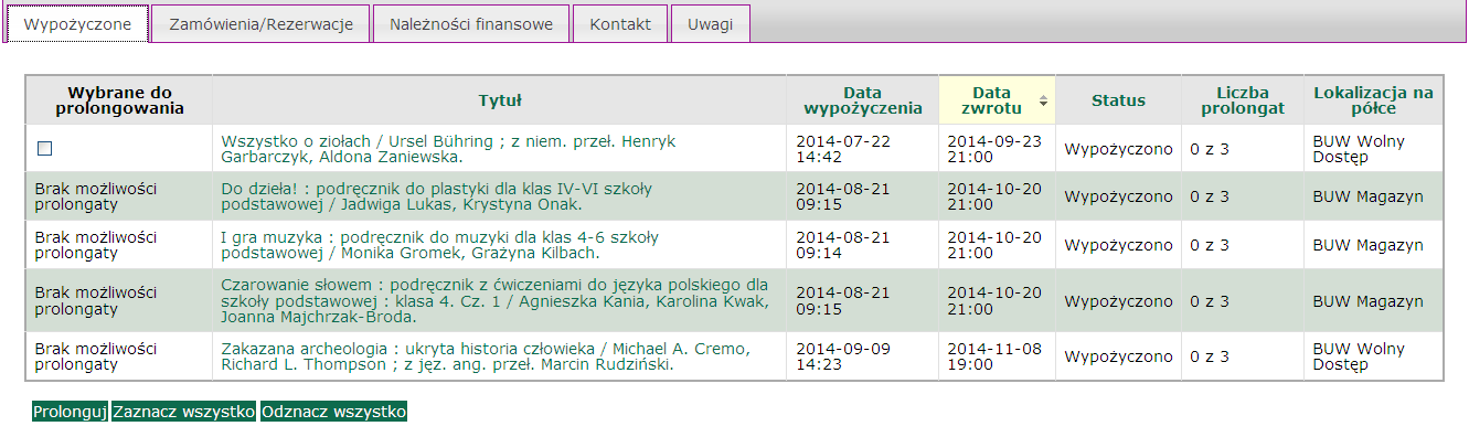 W zakładce Wypożyczone sprawdzisz informacje o wypożyczonych książkach oraz prolongujesz termin ich zwrotu.