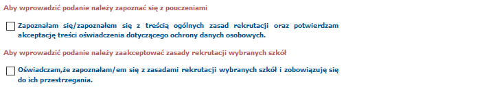 Niezaznaczenie którejkolwiek z opcji zapoznałam/zapoznałem i akceptuję wyklucza przejście do ostatniego kroku podania.