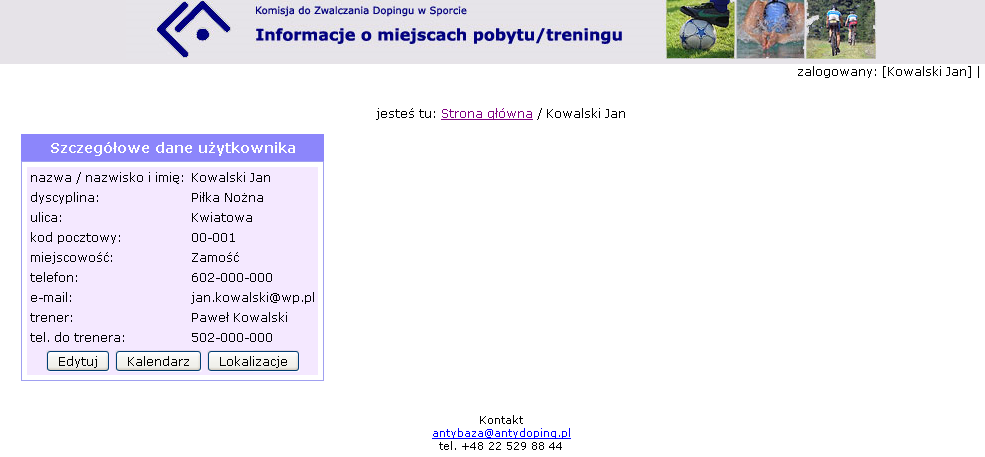 Otworzy się okno zawierające podstawowe informacje o zawodniku (widok okna poniżej). Wprowadź aktualne dane adresowe.