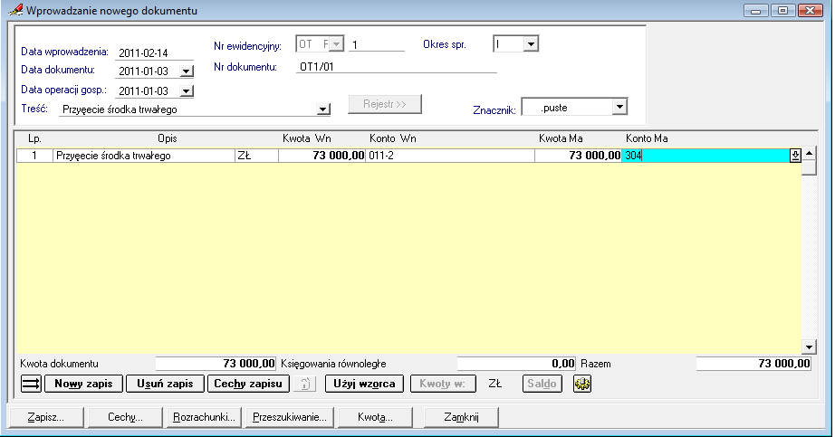 Stanowisko kosztów Zaksięgowano Data 03.01.2011r.