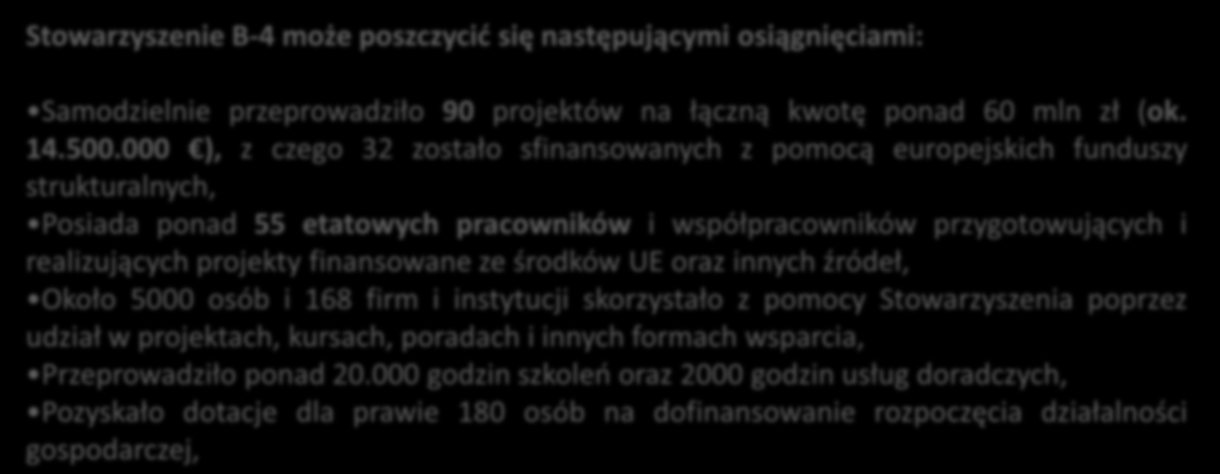 Gwarancją najwyższej jakości świadczonych przez nas usług jest 20- letnie doświadczenie polskiego współwłaściciela firmy, Stowarzyszenia B-4, eksperta w zakresie funduszy unijnych, które