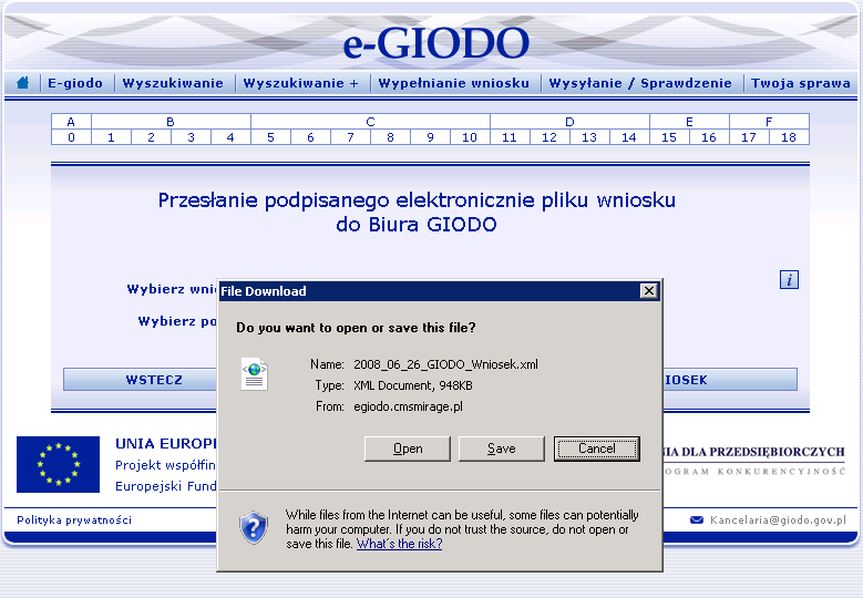 b). wysłanie utworzonego wniosku wraz z załącznikami do GIODO bez popisu elektronicznego. Opcje te pokazane są na rys. 3 1. Rysunek 3. Dostępne opcje wysyłania wniosku drogą a elektroniczną do GIODO.