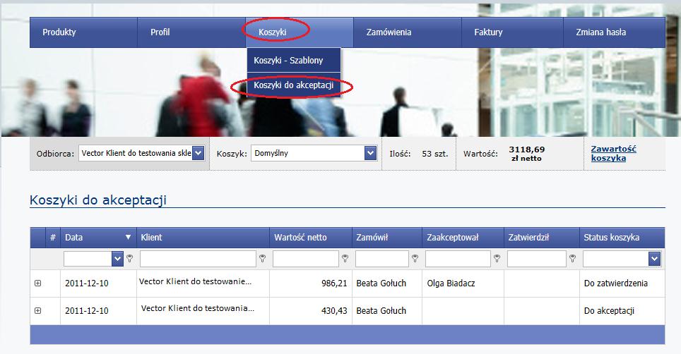 Status koszyków wysłanych do akceptacji można zobaczyć w