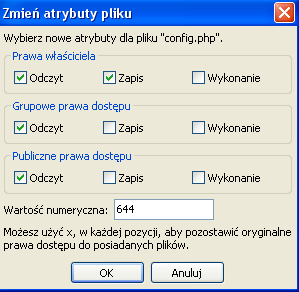 6. Uprawnienia dla plików i katalogów (najlepiej zrobić to za pomocą Klienta FTP) Najbardziej restrykcyjne uprawnienia dla plików 1) katalog moodledata i jego zawartość (podkatalogi, includes