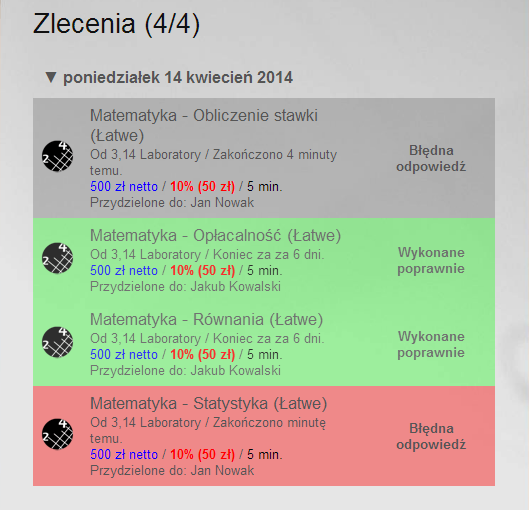 Foto 13. Ogólny ekran Zleceń. Na górze strony wyświetla się ilość wziętych zleceń oraz maksymalna ich liczba.