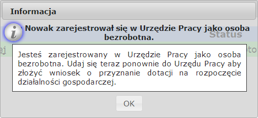 Po wypełnieniu poprawnie pól należy wysłać wniosek naciskając przycisk Podpisz i wyślij. Powienien się pojawić komunikat o zarejestrowaniu: Foto 65. Komunikat 1.