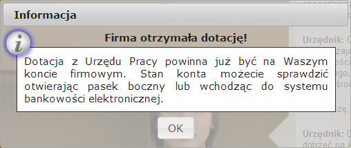 Poinformowanie urzędnika o spełnieniu warunków potrzebnych do otrzymania przelewu 2.
