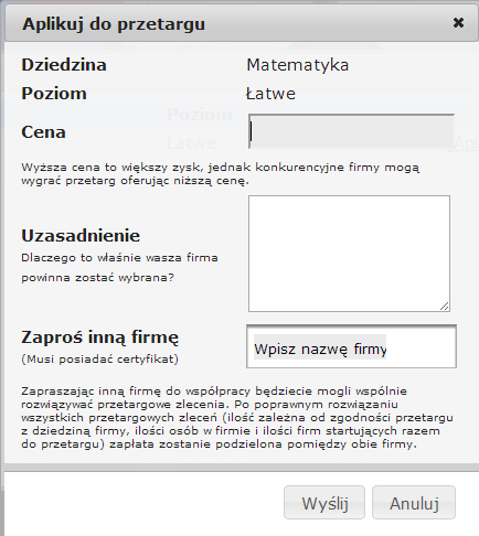 współpracować Foto 168. Aplikacja do przetargu. W przypadku, kiedy różne firmy posiadałyby certyfikaty, pojawiłyby się w oknie Zaproś inną firmę.
